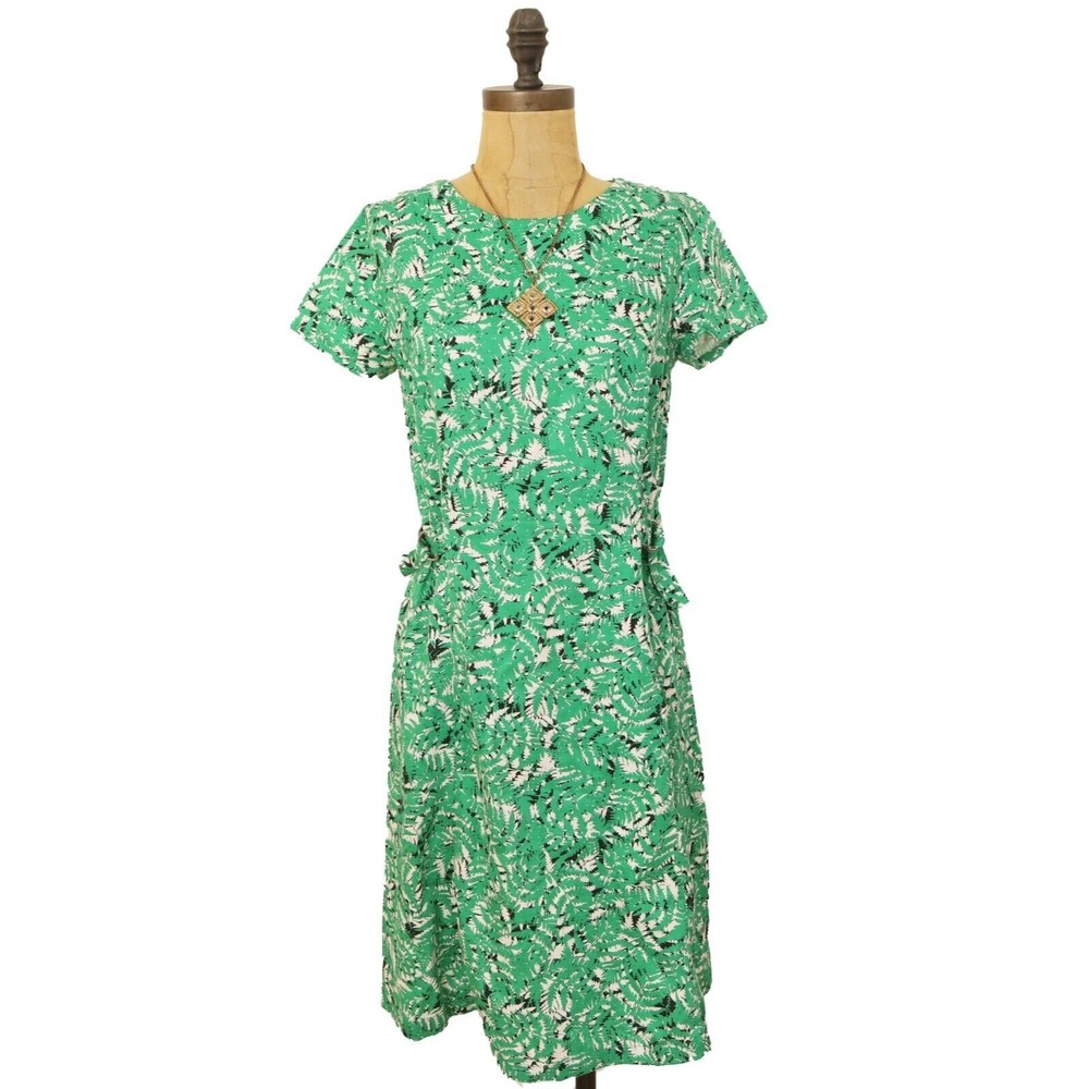 People Tree Organic Cotton Danielle Fern Leaf Dress 10 L Green Crewneck EUC A1